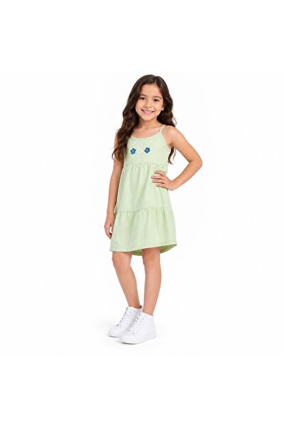 PALM PEANUTS Girls Mint Green Cotton Sleeveless Summer Dress with Floral Embr...