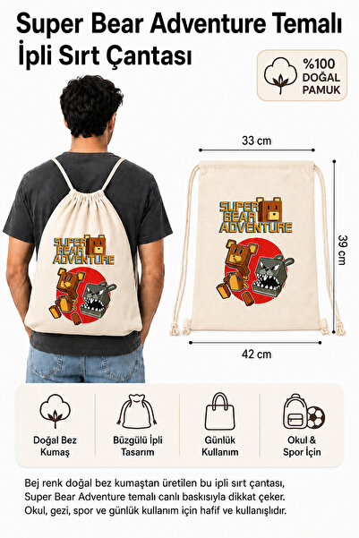 Morinna Super Bear Adventure Baskılı Çocuk Bez Sırt Çantası Büzgülü Okul Spor...