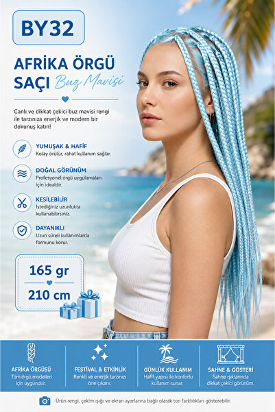 Makromehome Buz Mavisi Afrika Örgüsü Saçı 100 gr 135 cm Sentetik Saç