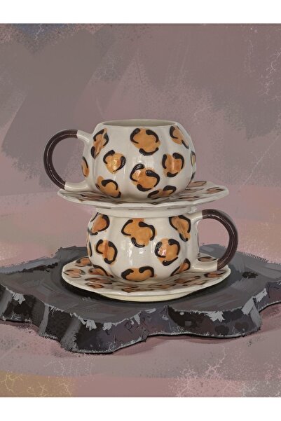 Çiporcal Pumpkin Mug Yellow Dalmatian 2-Piece Mug Set with Saucer Hand-Decora...