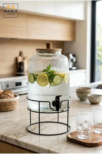 MARIA HOMES Large Glass Beverage Dispenser with Tap, Wooden Lid and Metal Sta...