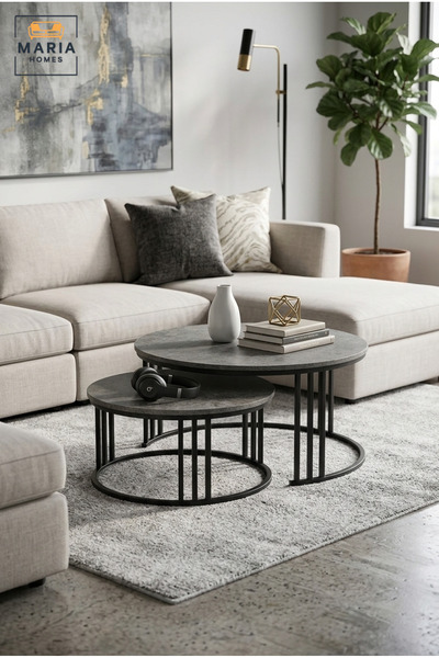 MARIA HOMES Modern Nesting Coffee Table Set with Round Stone-Effect Tops and ...