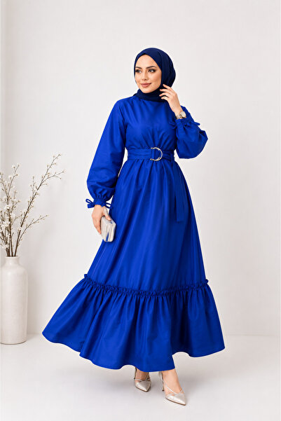 DİAMOND OUTLET Premium Belted Hijab Maxi Dress with Volan Detail