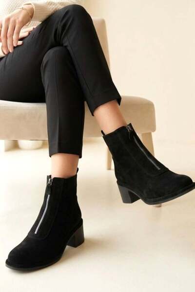 Fox Shoes Z555671002 Black Genuine Leather Suede Thick Heeled Women's Boots