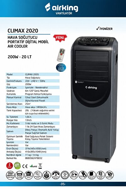 Airking Climax 2020 Uzaktan Kumandalı Hava Soğutucu Antrasit