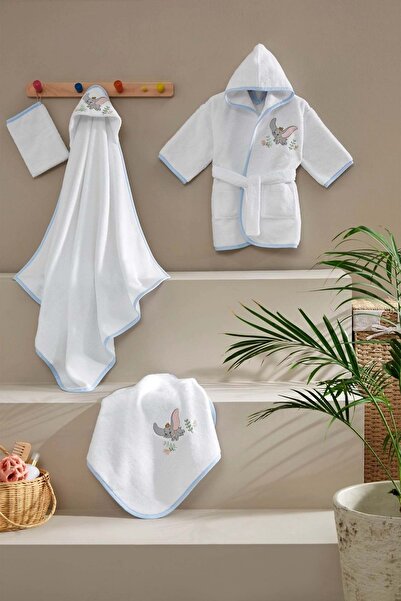 Özdilek Bambu Ashley Newborn Baby Bathrobe Set-Dumbo Circus White with Blue Trim