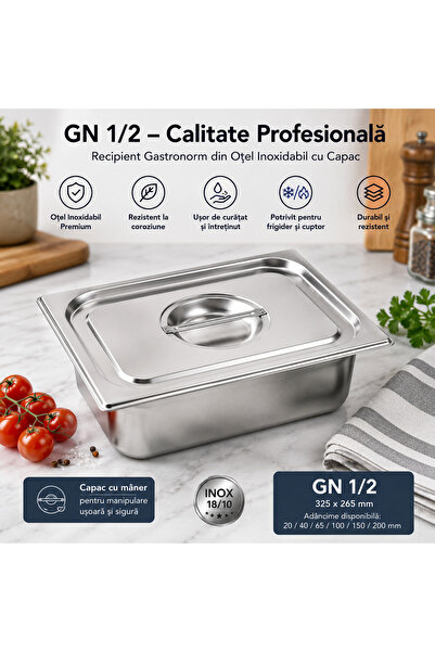 OEM Recipient Gastronorm GN din oțel inoxidabil cu capac, 8,6L, 32,5x26,5x10 ...