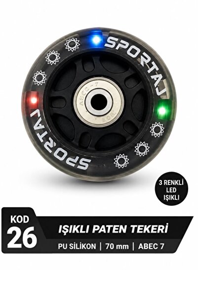 Sportaj 70 mm Renkli Led Işıklı Siyah Paten Tekeri PU Silikon Abec 7 Rulmanlı...
