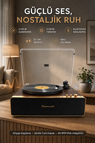 crownwell Vegas Plus Bluetooth 5.3 Pikap Plak Çalar 33/45 Devir AT3600L İğnel...