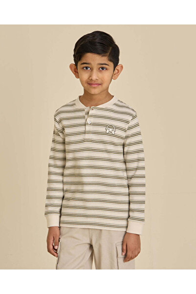 REDTAG Boys Ecru Striped Waffle Henley T-Shirt