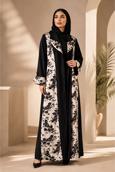 Generic Women's Black and Silver Floral Patterned Long Abaya