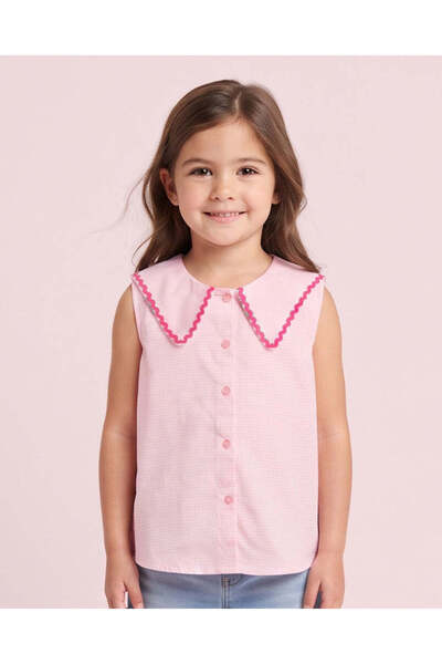 REDTAG Girls Pink Gingham Button Front Collared Blouse