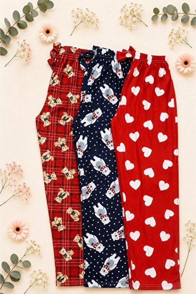Pi Giyim 3-Piece Women's Suede Pajama Bottom Set Navy Blue, Red Teddy Bear an...