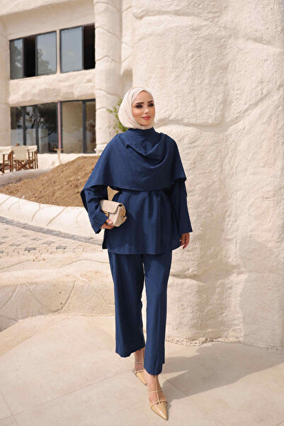 İmajButik Lacivert Şal Detaylı Tunik Pantolonlu Takım