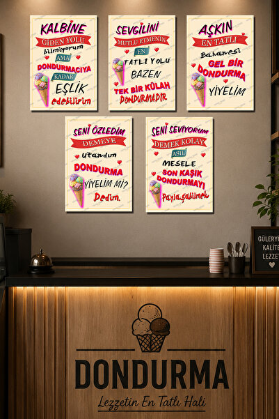 HAYAL ODASI STORE Hediyelik 5'li Dondurma Temalı Aşk Sözleri Ahşap MDF Poster...