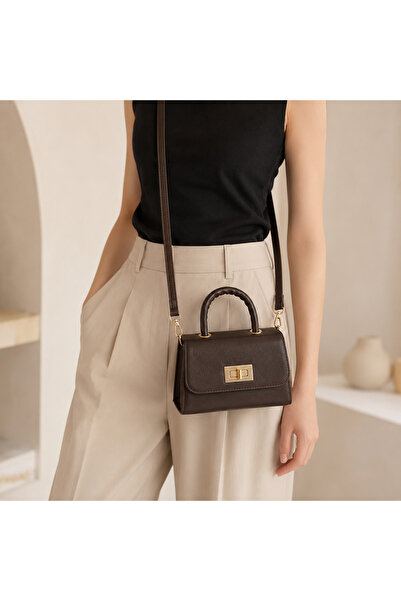 thesmt Dark Brown Gold Buckle Mini Women's Handbag and Crossbody Bag