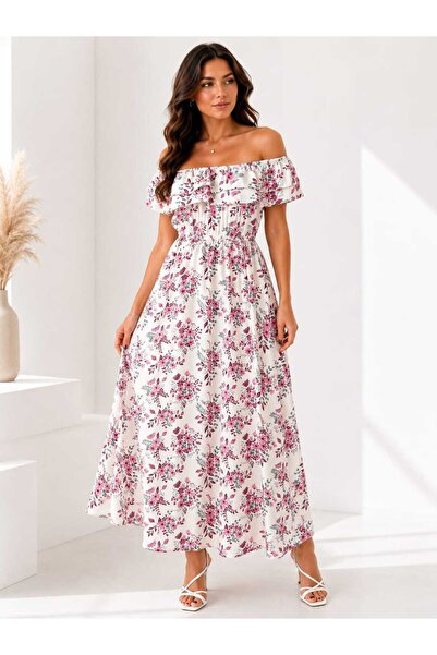 Zylen Women's Floral Patterned Madonna Collar Flounce Detailed Gipeli Waist M...