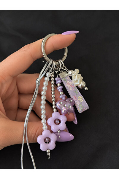 Viranes Pearl, lilac flower, string and beaded bag ornament, keychain, phone ...