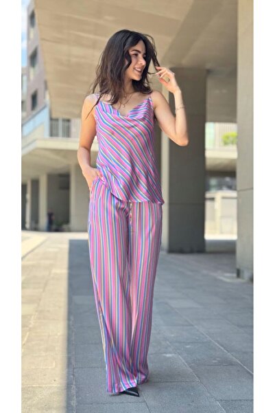Çizgili Saten Bluz Pantolon İkili Takım