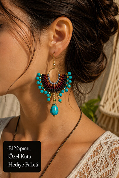 HER ŞEY NOTA www.herseynota.com Bohemian Turquoise Beaded Macrame Women's Ear...