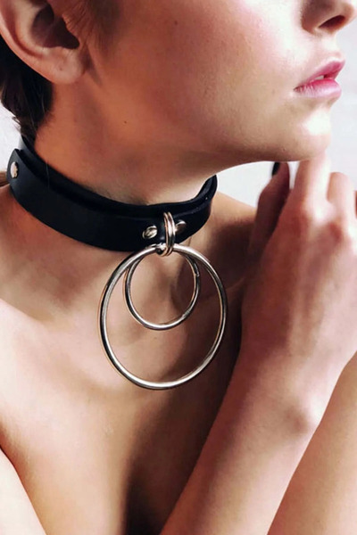Angels Passion Büyük Ve Küçük Halka Detaylı Ayarlı Şık Deri Choker