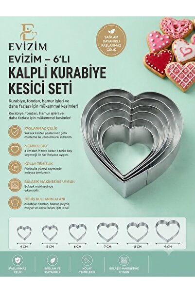 Evizim 6 Boy Kalp Kurabiye Kesici Hamur Pasta Fondan Şekillendirme Kalıbı