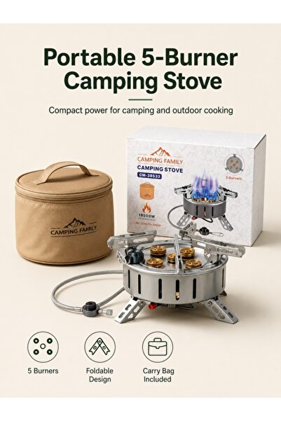 CAMPING FAMILY موقد تخييم محمول بخمس شعلات بقوة 18500 واط مع خرطوم غاز 100 سم...