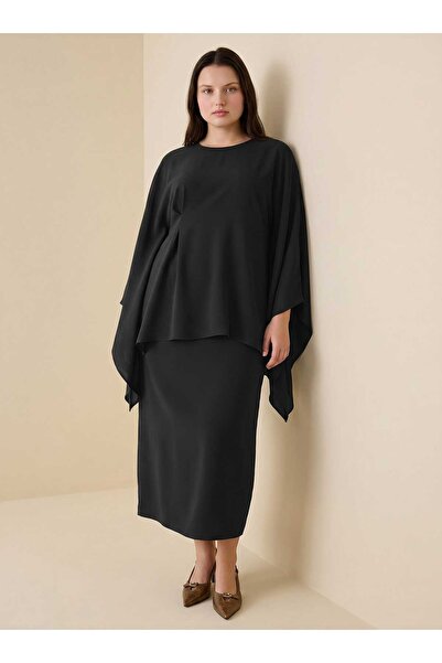 ALİA Bat Sleeve Detailed Tunic & Skirt Plus Size Set - Black -