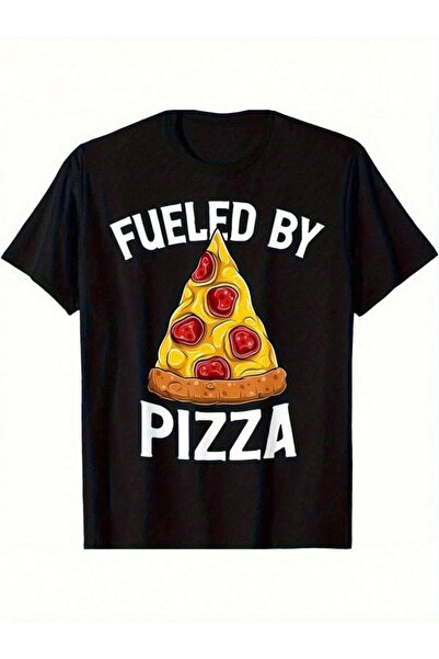 KYMC07 تي شيرت رجالي كاجوال أسود بأكمام قصيرة مع طباعة "FUELED BY PIZZA" - مث...