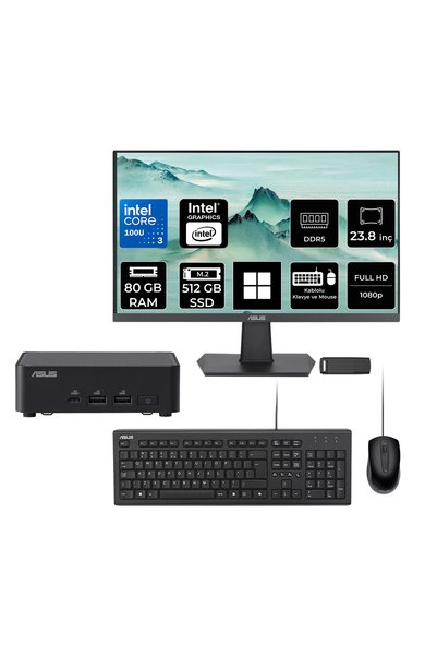 ASUS NUC14 Pro Slim Kit Intel Core 3-100U 80GB RAM 512GB SSD 23.8" Full HD Monitör Win11 Home RNUC14RVKI300002IP587 Mini Masaüstü Bilgisayar + PER4 USB BELLEK