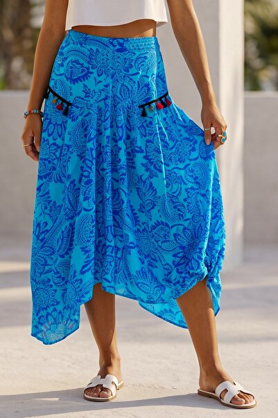 Chiccy Turquoise Shawl Patterned Pocketed Allover Printed Elastic Waist Casua...
