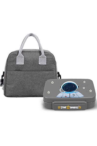 STAR BABiES Kids Astronaut Lunch Box & Insulated Lunch Bag Combo Set – Grey