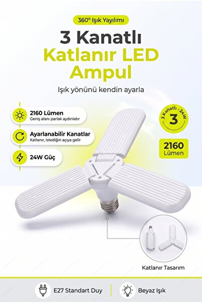 Evgereçlerim 3 Kollu Katlanabilir Pervane Led Ampul Ayarlanabilir Kanatlı Tav...
