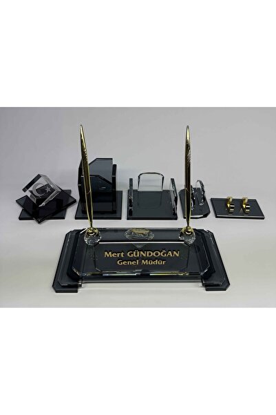 Gündoğan Kristal VIP Füme ve Şeffaf Cam Masa İsimlik Ful Set Hediyelik Türk B...