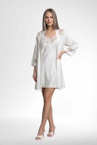 Mecit Pijama Mecit 6377 Ecru Women's Viscose Nightgown and Dressing Gown Set