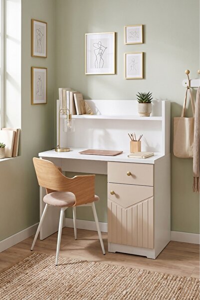 BYCİNO LEYLA LAMBİRİ MDF MEMBRAN KAPAK MODERN TASARIM BEJ ÇALIŞMA MASASI