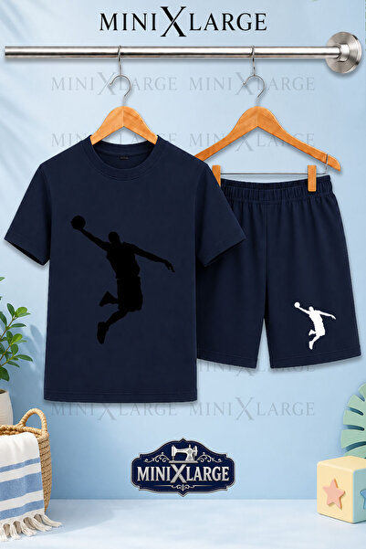 Çocuk Tişört - Şort Takım SİYAH BASKET ADAM Özel Baskılı Unisex Bisiklet Yaka