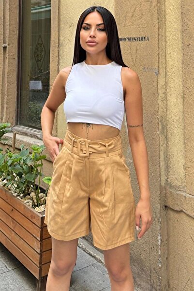 Moda4x4 ملابس نسائية بحزام على شكل حرف U وخصر مرتفع، قماش مستورد، شورت طويل م...