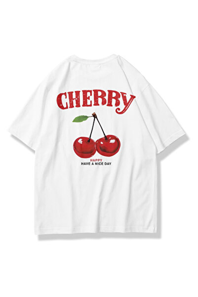 STYKEER تي شيرت للجنسين مقاس كبير مطبوع عليه "CHERRY" تي شيرت أبيض فضفاض
