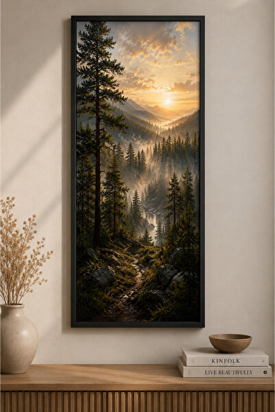 FourArts Sisli Çam Ormanı Gün Doğumu Manzara Tablosu 25x60 cm Dikey Siyah Ahş...