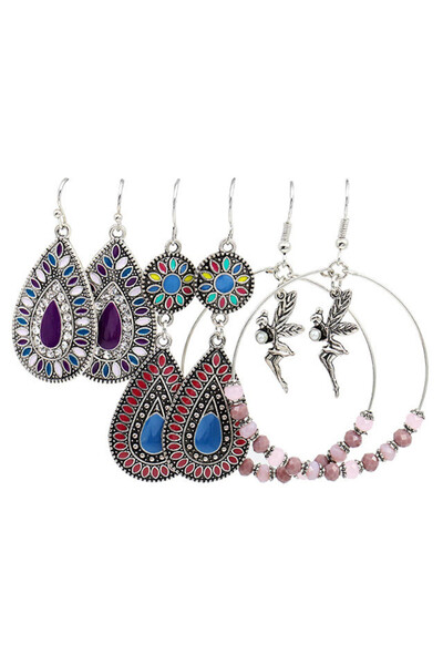 VeeShop Set de 3 perechi de cercei boho, pictati, cercuri cu margelute si zana