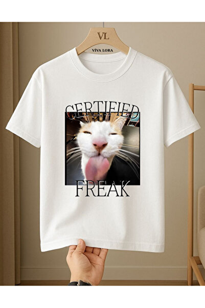 VİVA LORA تي شيرت KEDİ CERTIFIED FREAK مطبوع 100% قطن برقبة دائرية عادي للجنسين