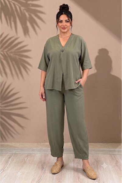 FOR ESRA BIG TREND Women's Plus Size V-Neck Single Button Three-Quarter Sleev...