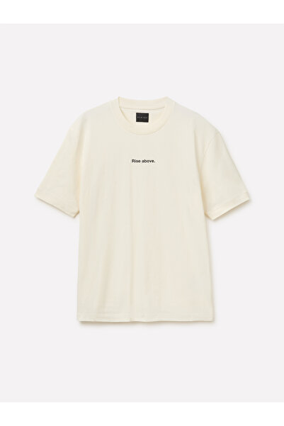 Sisley Erkek Krem %100 Pamuk Önü Yazı Baskılı Bisiklet Yaka T-Shirt