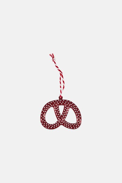 Muy Mucho Merry Christmas Hanging Decoration Metal Pretzel, Dark Red