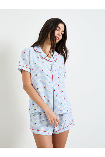 Styli Gingham Cherry Piped Pocket Ss Shirt & Short Set