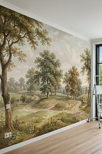 dreamwall Pastoral Peyzaj Vintage Kırsal Manzara Desenli Tek Parça Tekstil Du...
