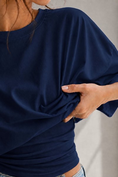 vuvutasarım Navy Blue Cotton Fabric Bat Sleeve and Waist Design Crop T-Shirt ...