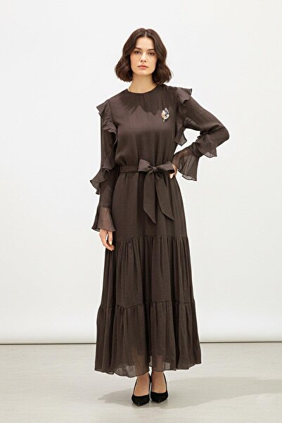 Puane Women's Ruffle Sleeve Belted Layered Long Dress 12673