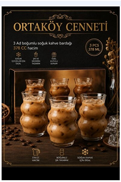 ORTAKÖYCENNETİ Soğuk kahve bardağı 3 LÜ cam Bombeli bogumlu 378 ml hacim orjı...